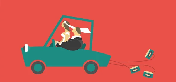 Mariés voyageant dans une voiture avec des boîtes de conserve — Image vectorielle