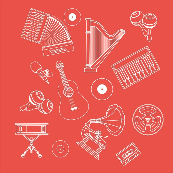 Instrumentos musicales Iconos Esquema blanco — Archivo Imágenes Vectoriales