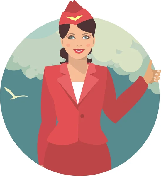 Fiatal stewardess a kerek embléma — Stock Vector