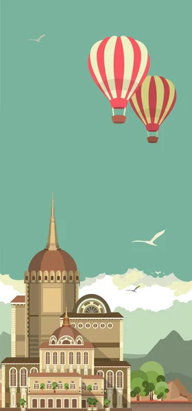 Αερόστατο στον ουρανό πάνω από το κάστρο — Διανυσματικό Αρχείο