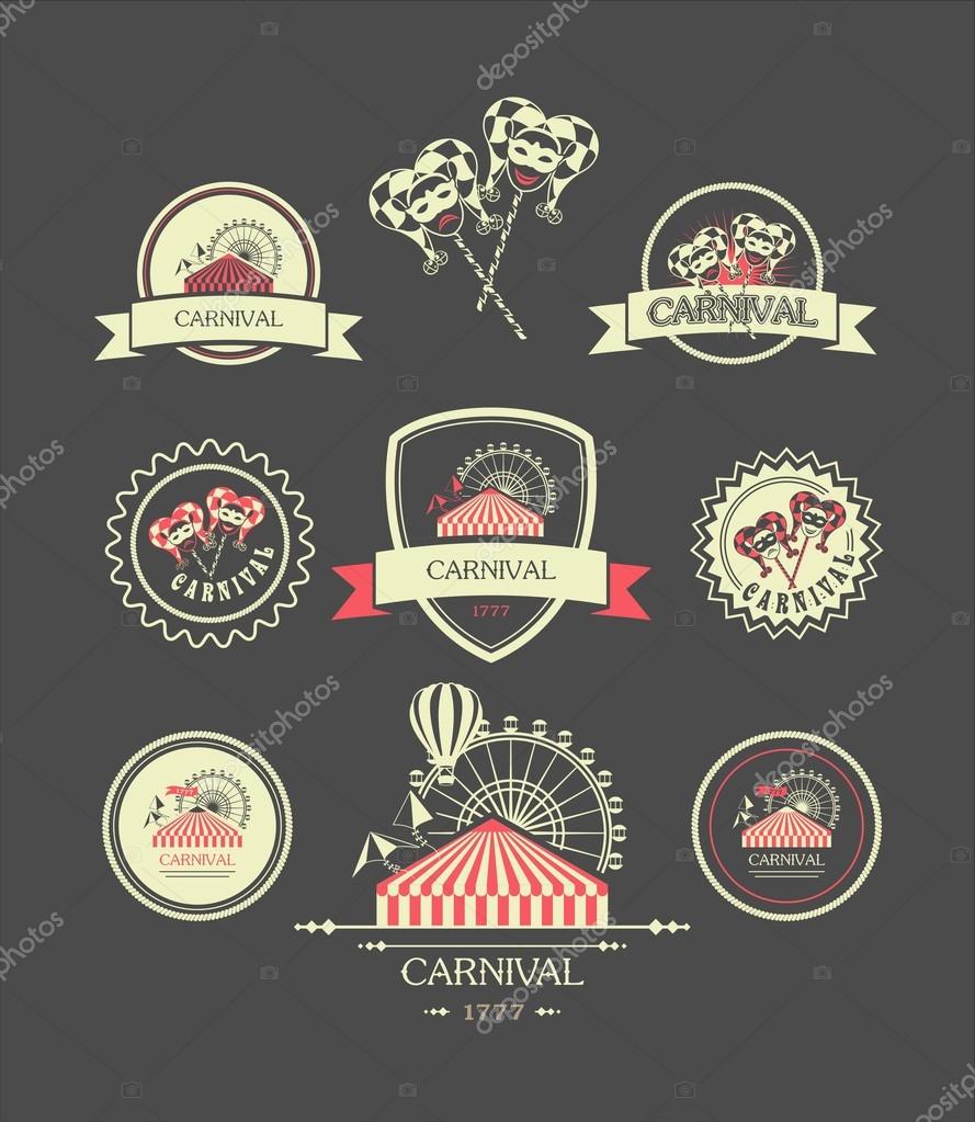 Vintage badges of different shapes carnival carnival attributes on a dark background