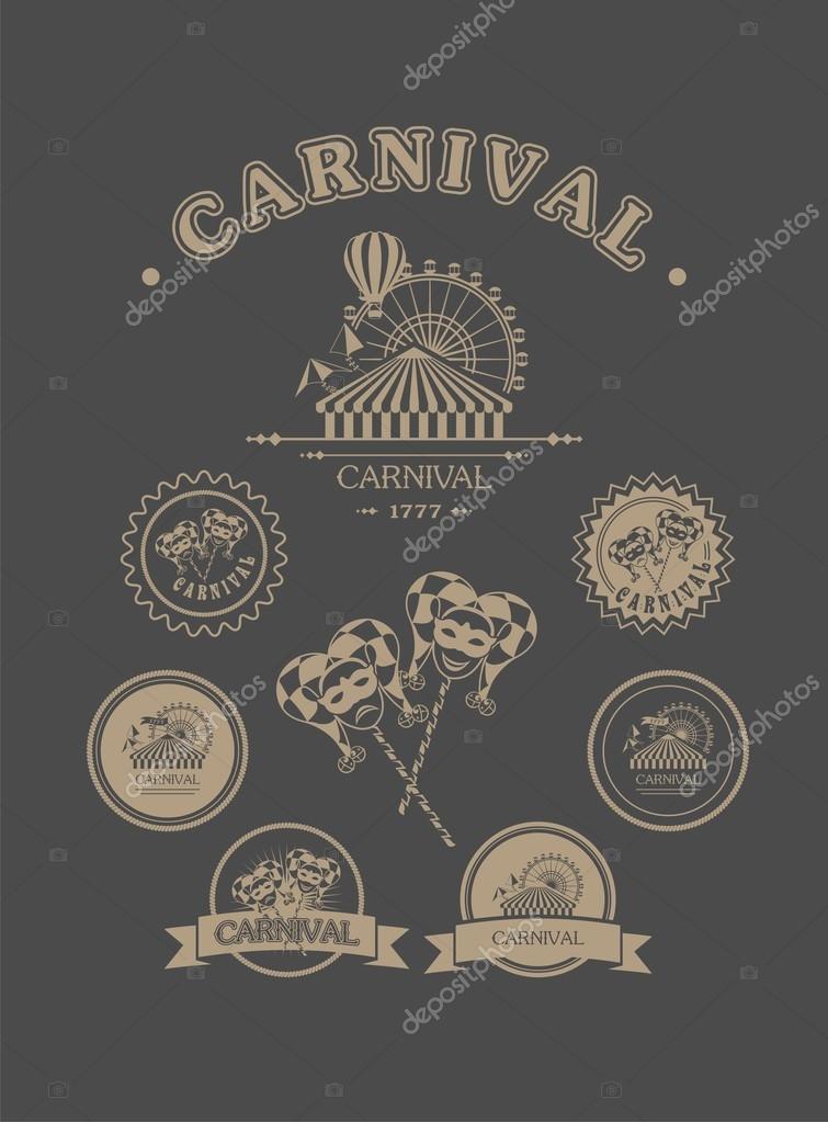Vintage badges of different shapes carnival carnival attributes on a dark background