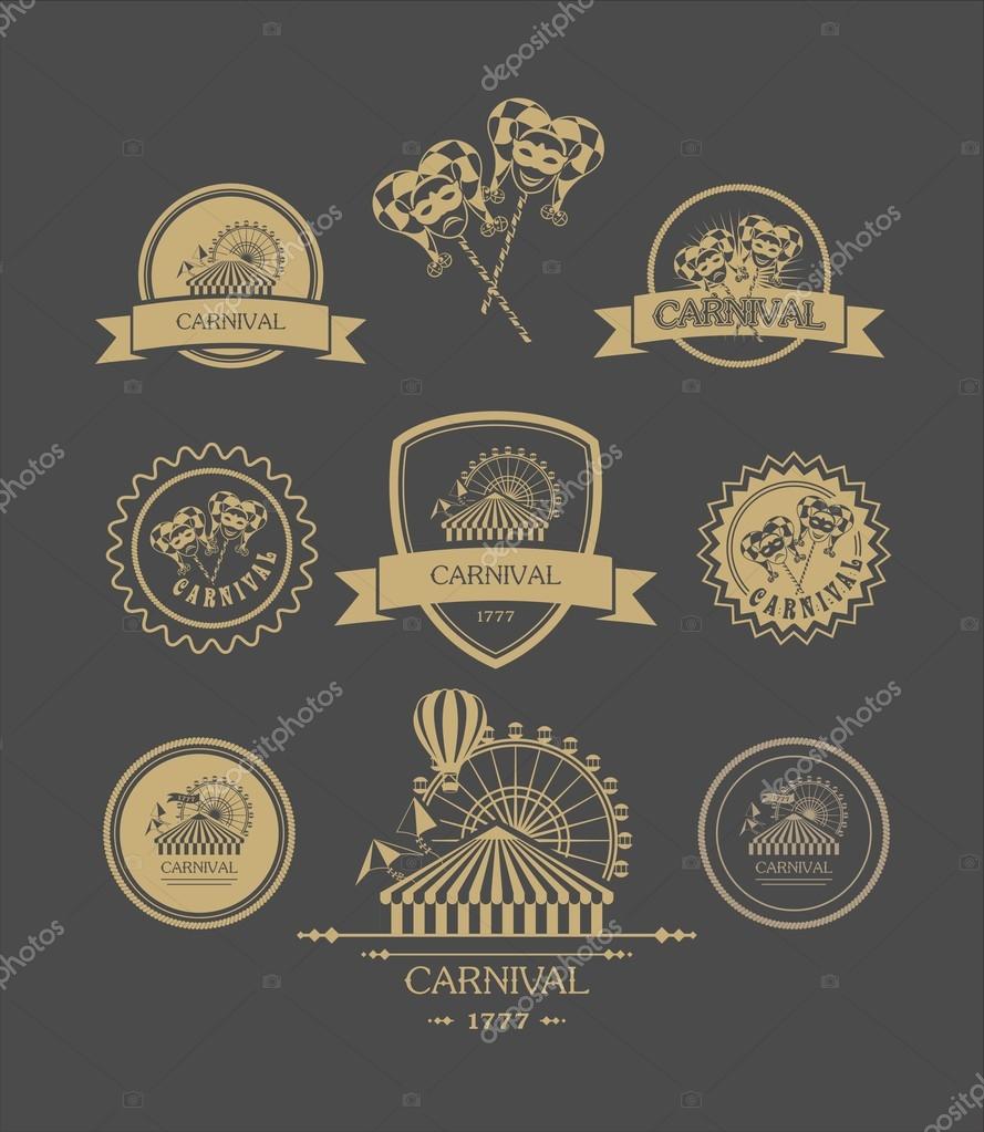 Vintage badges of different shapes carnival carnival attributes on a dark background