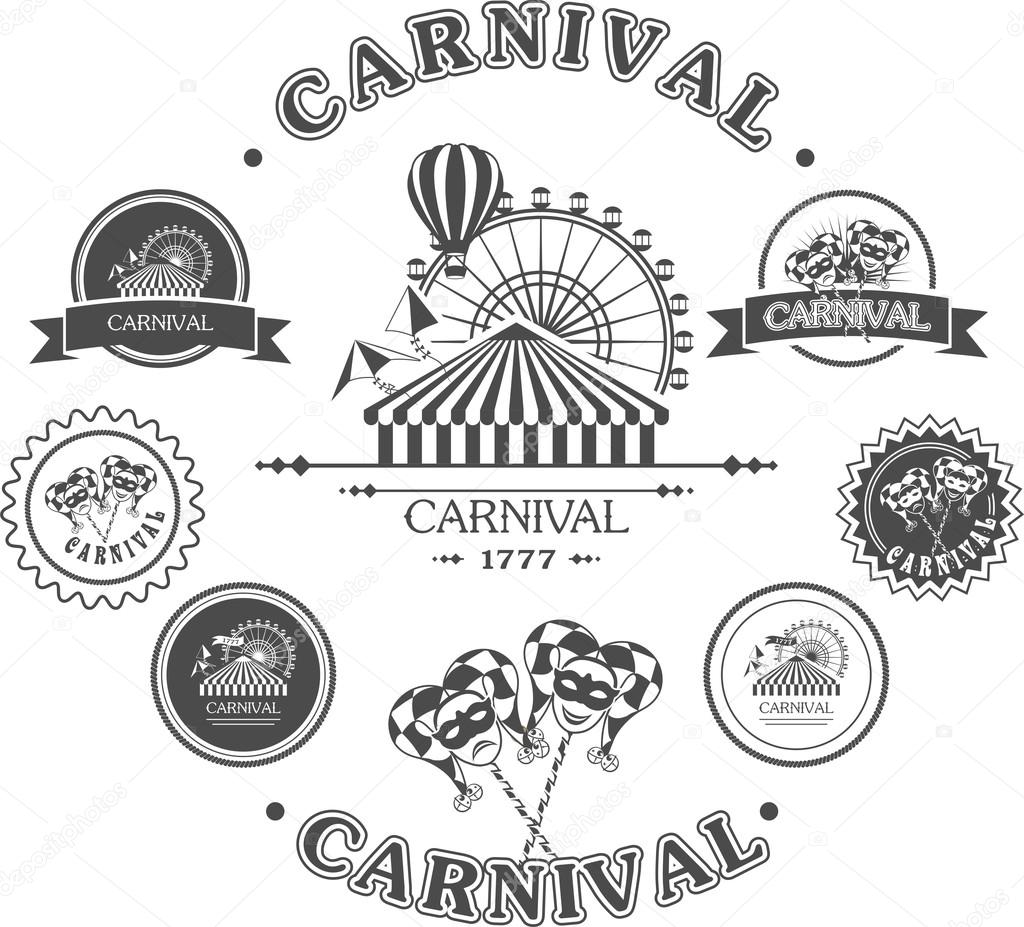 Vintage badges of various shapes and masks carnival amusement park with attractions