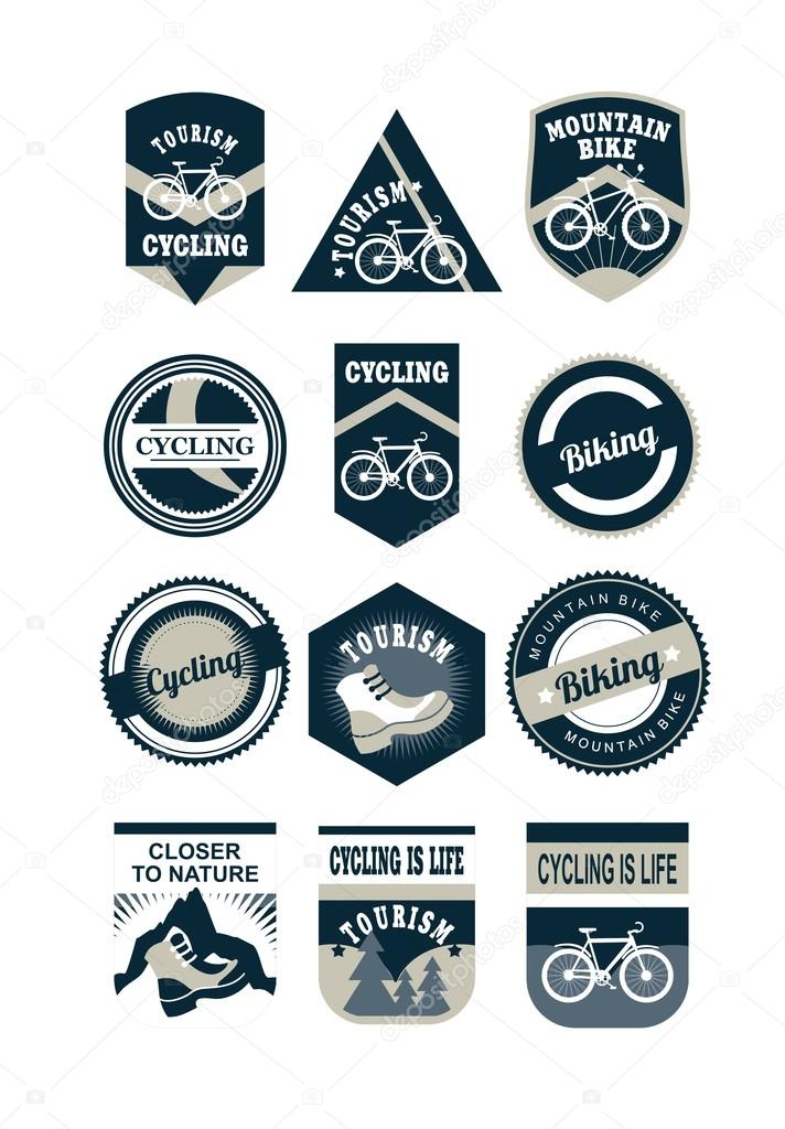 Set of emblems and logos in retro colors on a theme tourism cycling black on a white background
