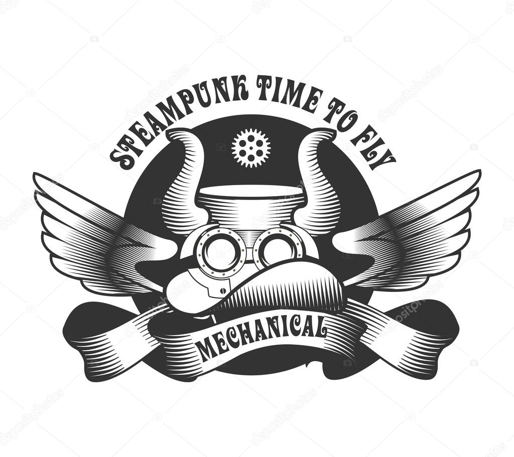 Graphical badge Steampunk hat with horns adorned banners and ribbons Black and white version