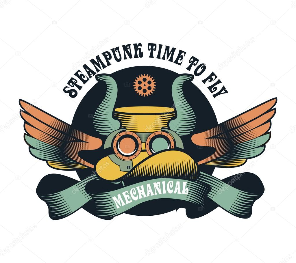 Graphical badge Steampunk hat with horns adorned banners and ribbons wings