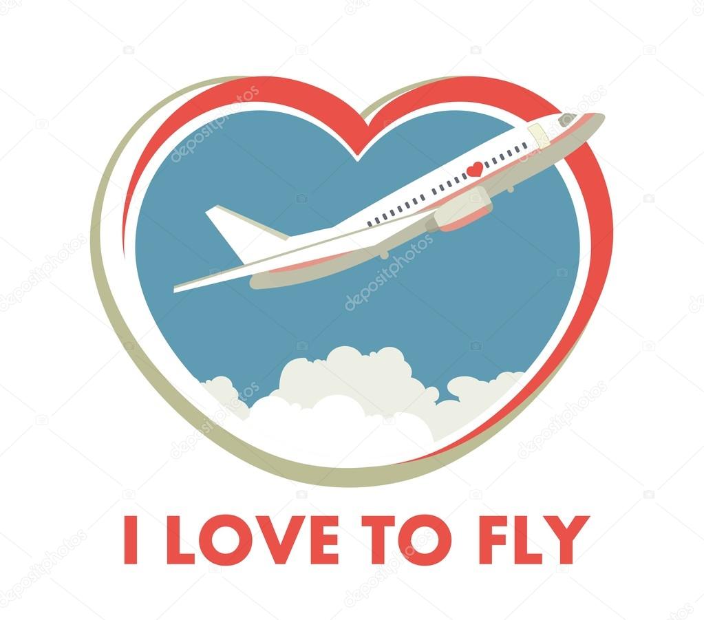 The plane on a background of the sky in the form of heart logo on white background