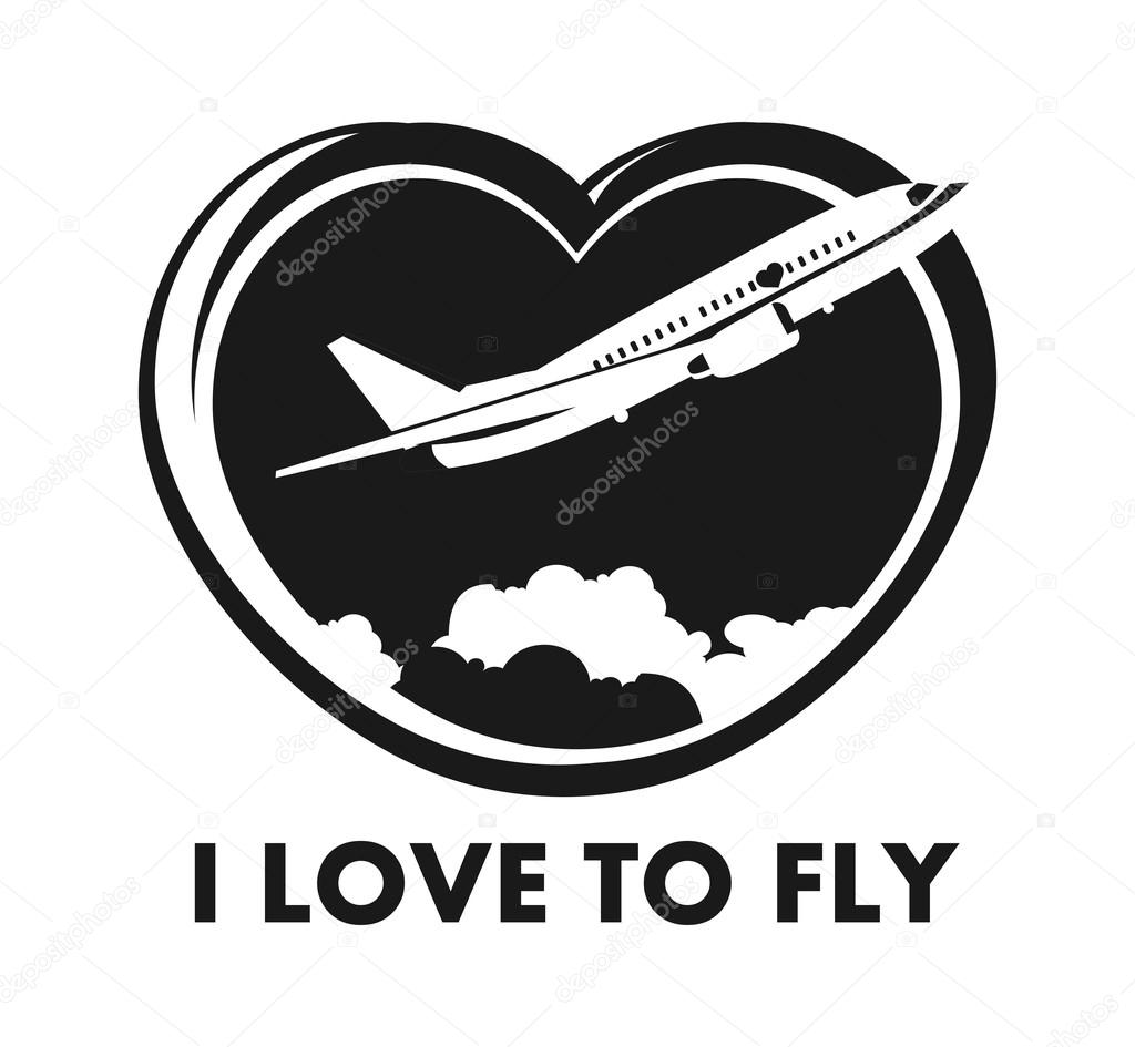 The plane on a background of the sky in the shape of a heart logo on a white background Black and white in color