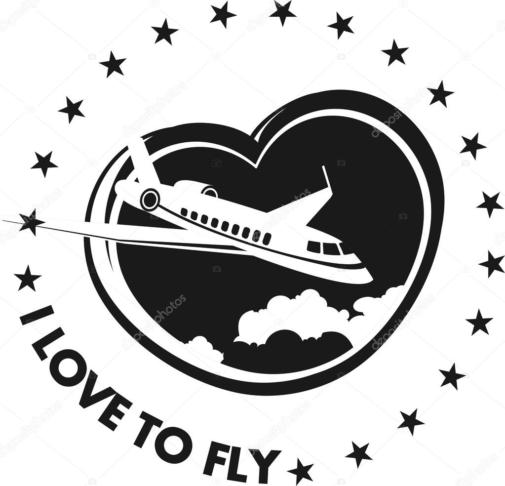 The plane on a background of the sky in the shape of a heart logo on a white background Black and white in color