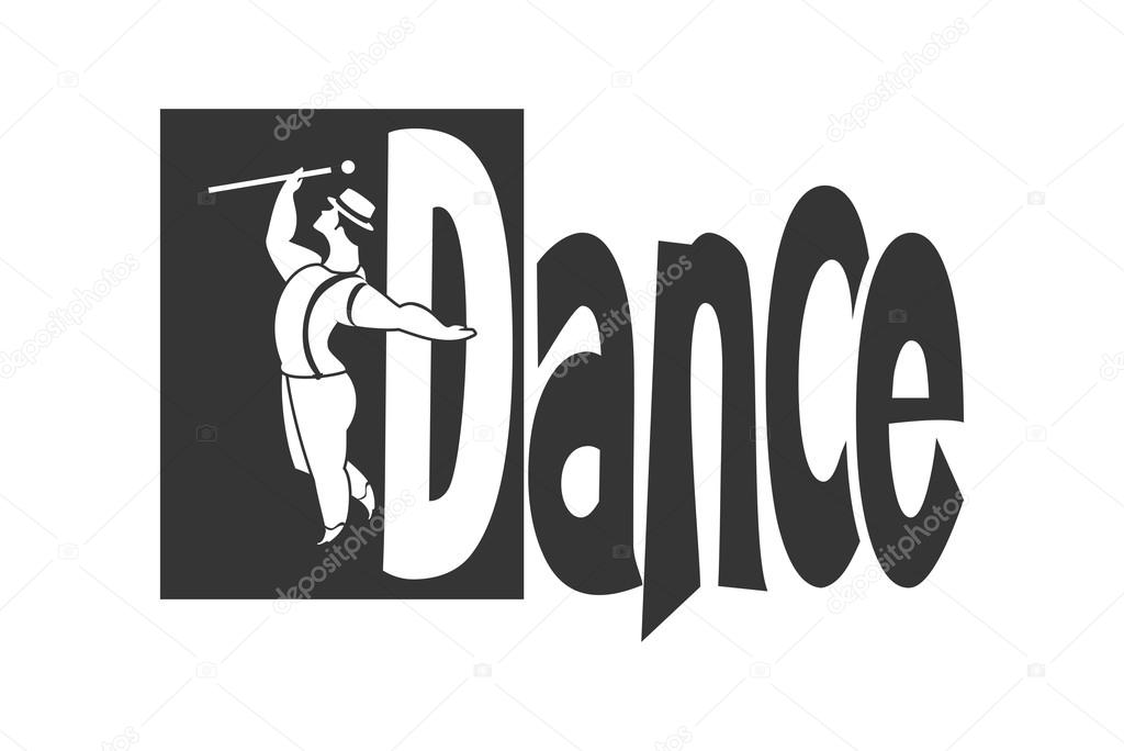 Black and white image of a man logo of dancing around the word dancing on a white background
