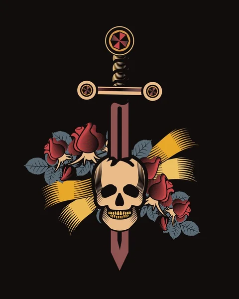 Calavera vintage con emblema de espada y alas — Vector de stock