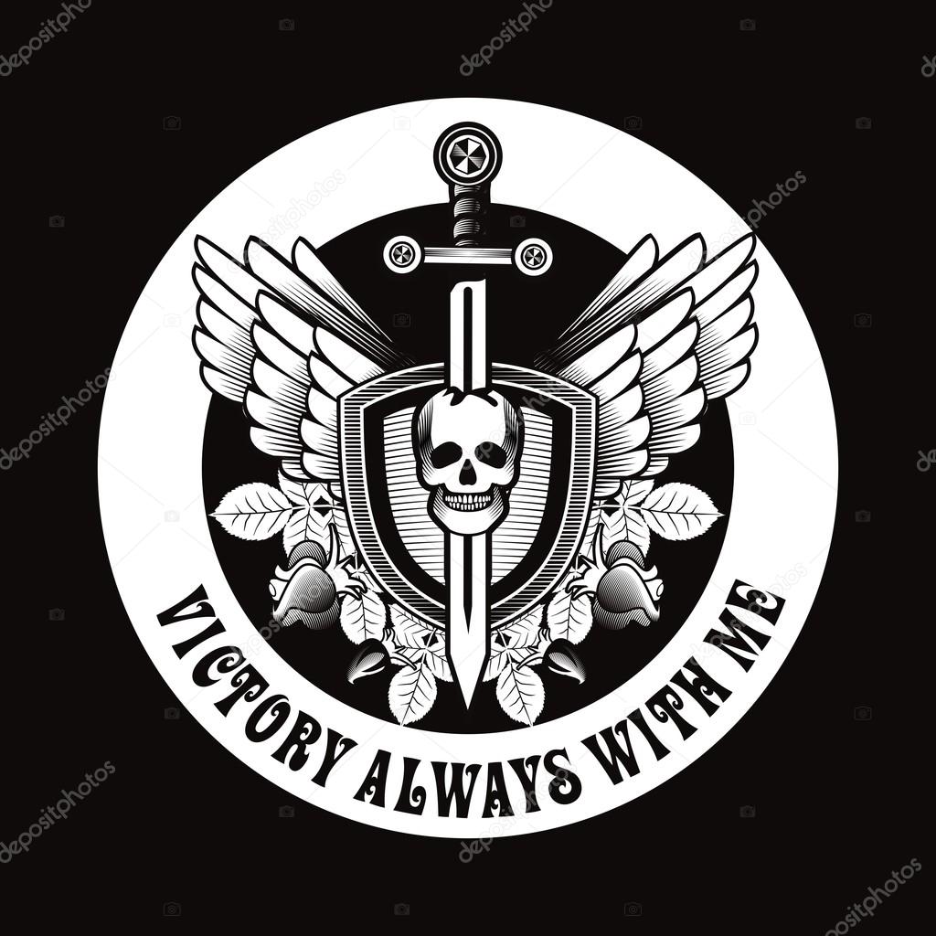 Vintage skull with sword and wings emblem
