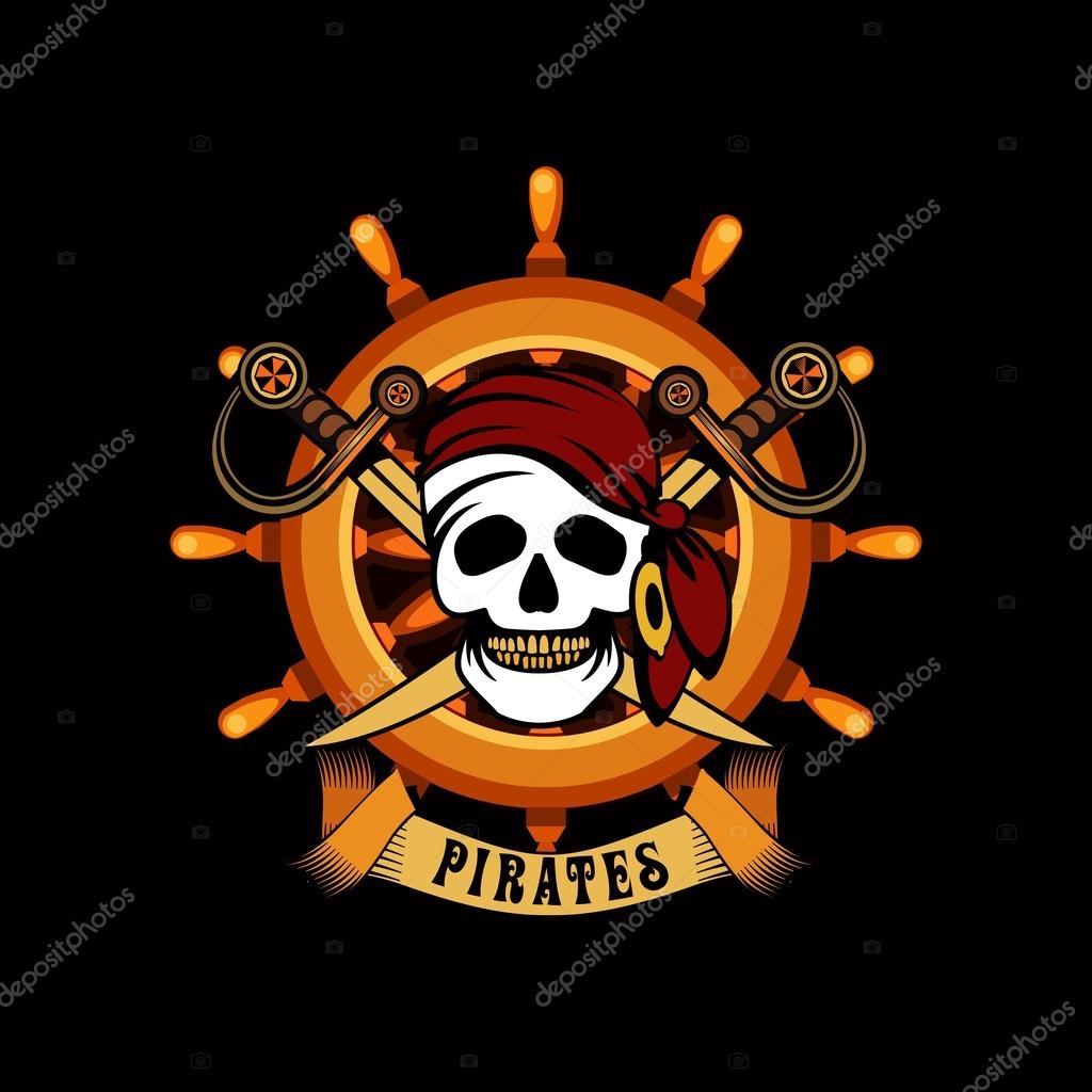 Vector illustration poster with a human skull on a background helm marine emblem Jolly Roger on black background