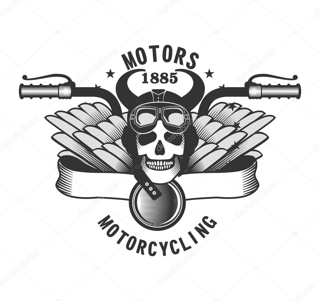 Vector skull emblem motorcycle helmet and motorcycle glasses on a white background