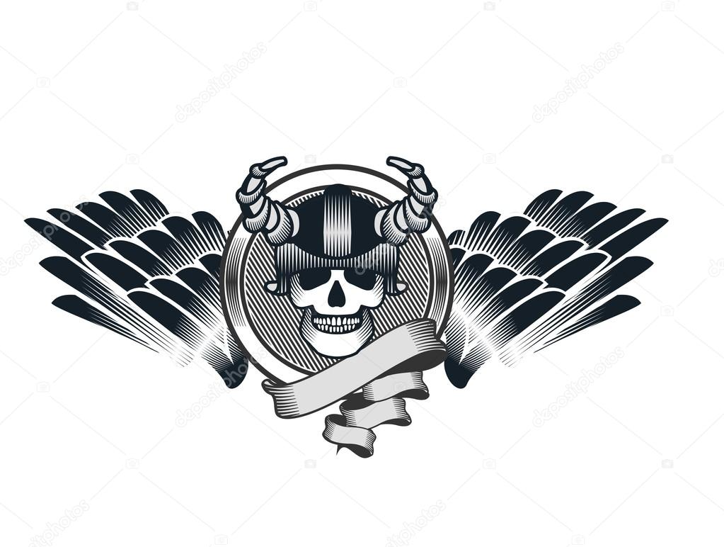 Vector illustration in the style of steampunk human skull in a helmet with wings on a black background