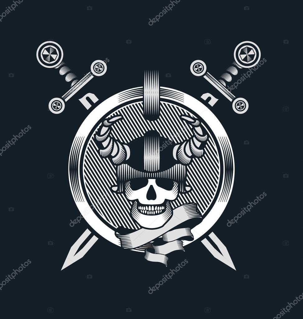 Vector illustration in the style of steampunk human skull in a helmet with swords