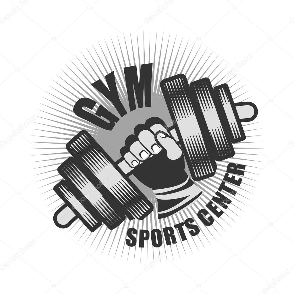 Vector emblem logo for the sports center hand with a dumbbell on a white background