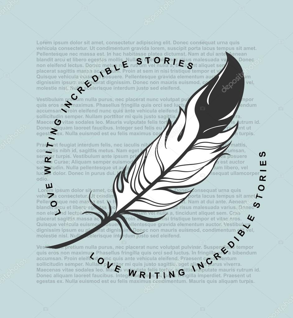 Vector emblem feather on a background of newspaper text