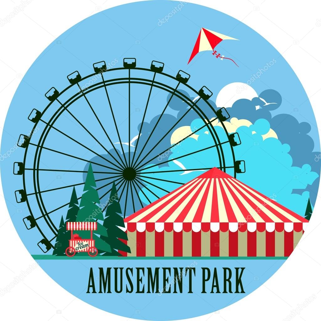 Vector emblem round shape amusement park rides and a carnival tent