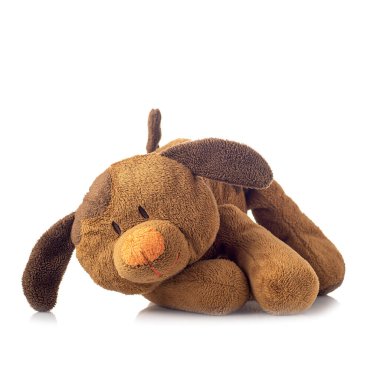 Beyaz arka planda yumuşak oyuncak köpek