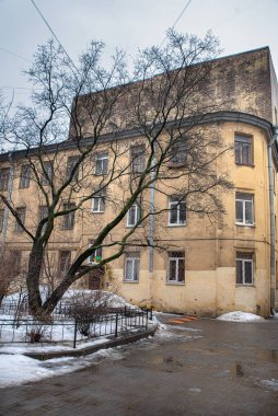 Şehrin kış avlusunda, arka planda bir ağaç ve bina var.