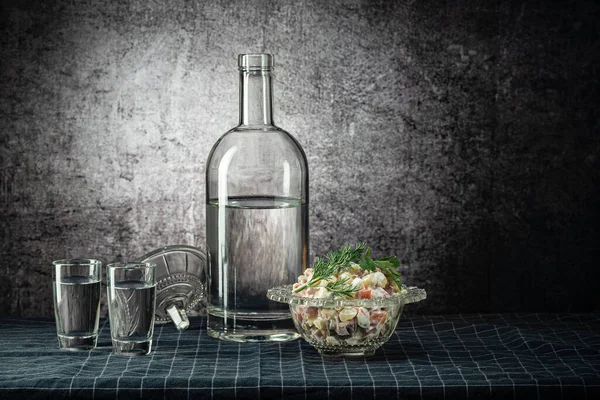 Bottle Two Glasses Strong Drink Olivier Salad Dark Tablecloth Background Royalty Free Stock Images