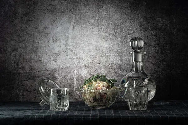 Decanter Two Glasses Strong Drink Olivier Salad Dark Tablecloth Stock Photo