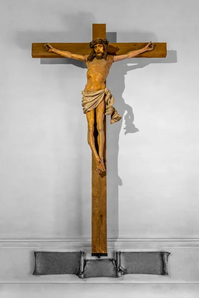 Illuminated Wooden Crucifix Grey Ambiance Seen Germany — Stock Photo, Image