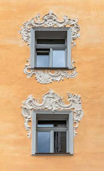 house facade with ornamented windows seen in Straubing, a city of Lower Bavaria in Germany