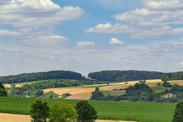 夏の間南ドイツの地域であるホーエンローエのジャグストバレー周辺の牧歌的な田園風景 — ストック写真