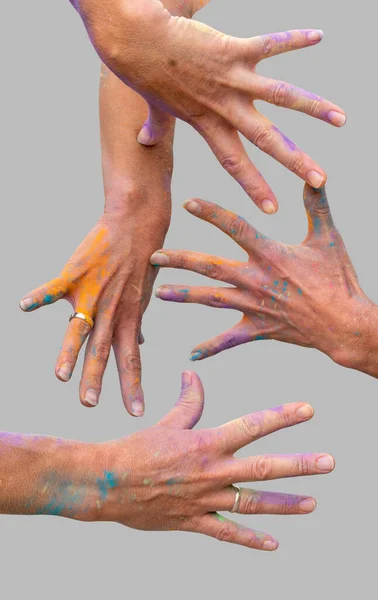 Female Hands Covered Colorful Paint Splatters Light Grey Back — Stock Photo, Image