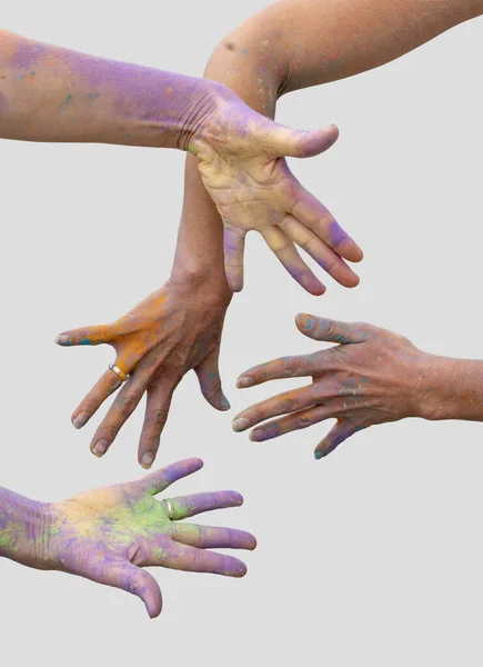 Female Hands Covered Colorful Paint Splatters Light Grey Back — Stock Photo, Image