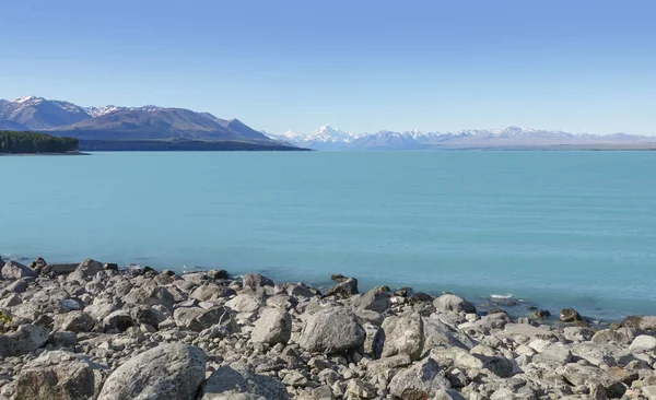 Riparian Scenérie Kolem Jezera Pukaki Jižním Ostrově Nového Zélandu — Stock fotografie