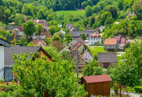 Vista Alto Ângulo Uma Aldeia Rural Perto Mulfingen Hohenlohe Distrito — Fotografia de Stock