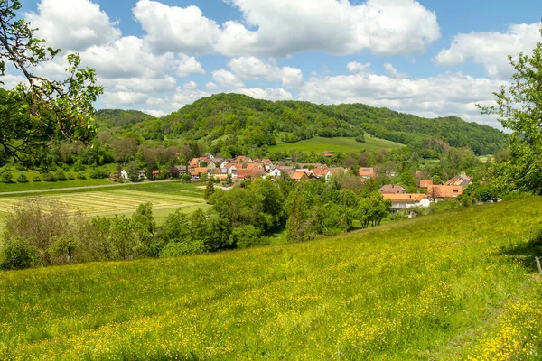 Słoneczne Wiosenne Krajobrazy Wokół Heimhausen Hohenlohe Niemcy — Zdjęcie stockowe