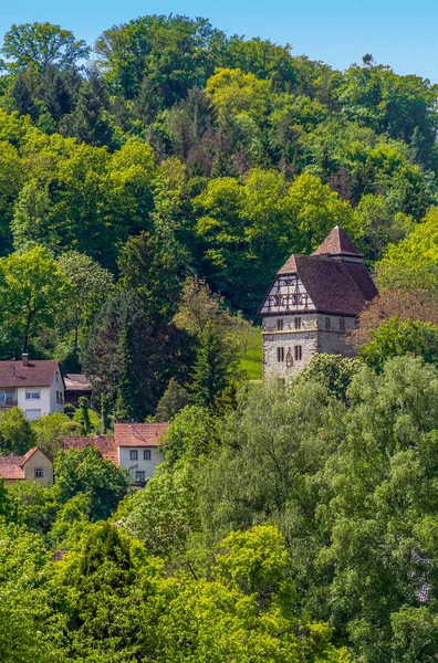 Paesaggio Soleggiato Tra Cui Piccolo Castello Intorno Buchenbach Hohenlohe Germania — Foto Stock