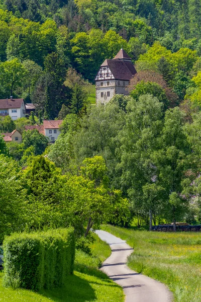 Słoneczne Krajobrazy Tym Mały Zamek Wokół Buchenbach Hohenlohe Niemcy — Zdjęcie stockowe