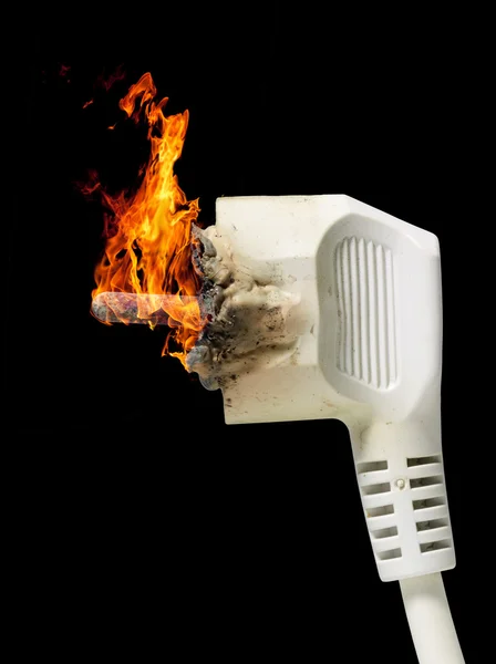 Burning white plug connector in black back — Stock Photo, Image