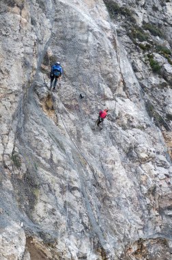 7 / 11 / 2020 Kampobrun doğa rezervi, Trentino, İtalya: taşların düşmesini önlemek için etkin kaya düşüşü bariyer sisteminin kurulumu dağı kaplıyor