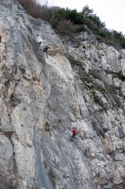 7 / 11 / 2020 Kampobrun doğa rezervi, Trentino, İtalya: taşların düşmesini önlemek için etkin kaya düşüşü bariyer sisteminin kurulumu dağı kaplıyor
