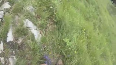 Pov adamı, yaz günü dar toprak yolda taşlarla dağa tırmanır. Bacak manzarası. Kişi dağlardan tepeye yürür. Dağlarda yürürken toprak dağ yolunda yürümek. Seyahat kavramı