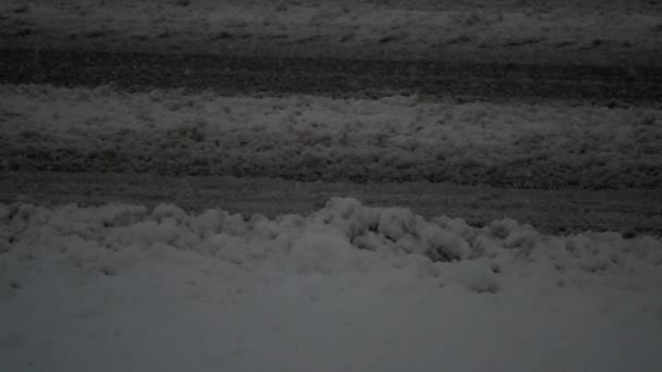 Nieve Que Desciende Lentamente Con Huellas Neumáticos Coche Una Carretera — Vídeo de stock