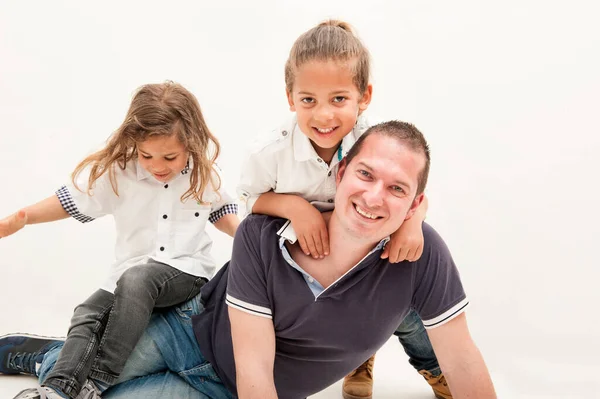 Happy Young Caucasian Father Having Fun Little Multiracial Children Happy — Stock Photo, Image