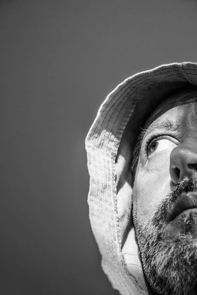 Gloomy Middle Aged Man Gray Beard Bathrobe Hood His Head — Stock Photo, Image