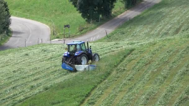 Campofontana Verona Italien August 2021 Blauer Traktor Mäht Bei Schönem — Stockvideo