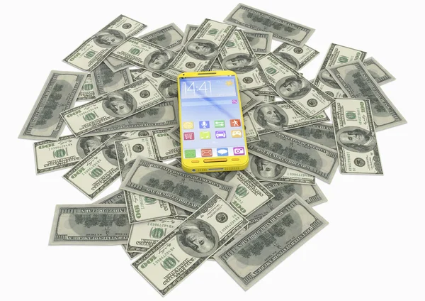 Teléfono móvil y billetes de banco en dólares — Foto de Stock