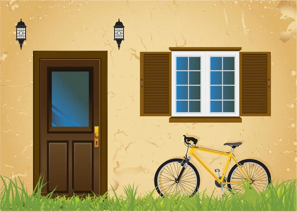 Bicicleta e casa velha — Vetor de Stock