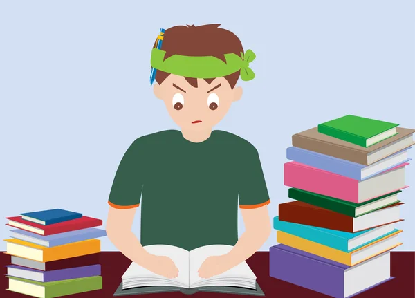 Junge liest Buch und bereitet sich auf Prüfung vor — Stockvektor