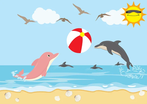 Letní dovolená s delfíny hrát míč beach — Stockový vektor